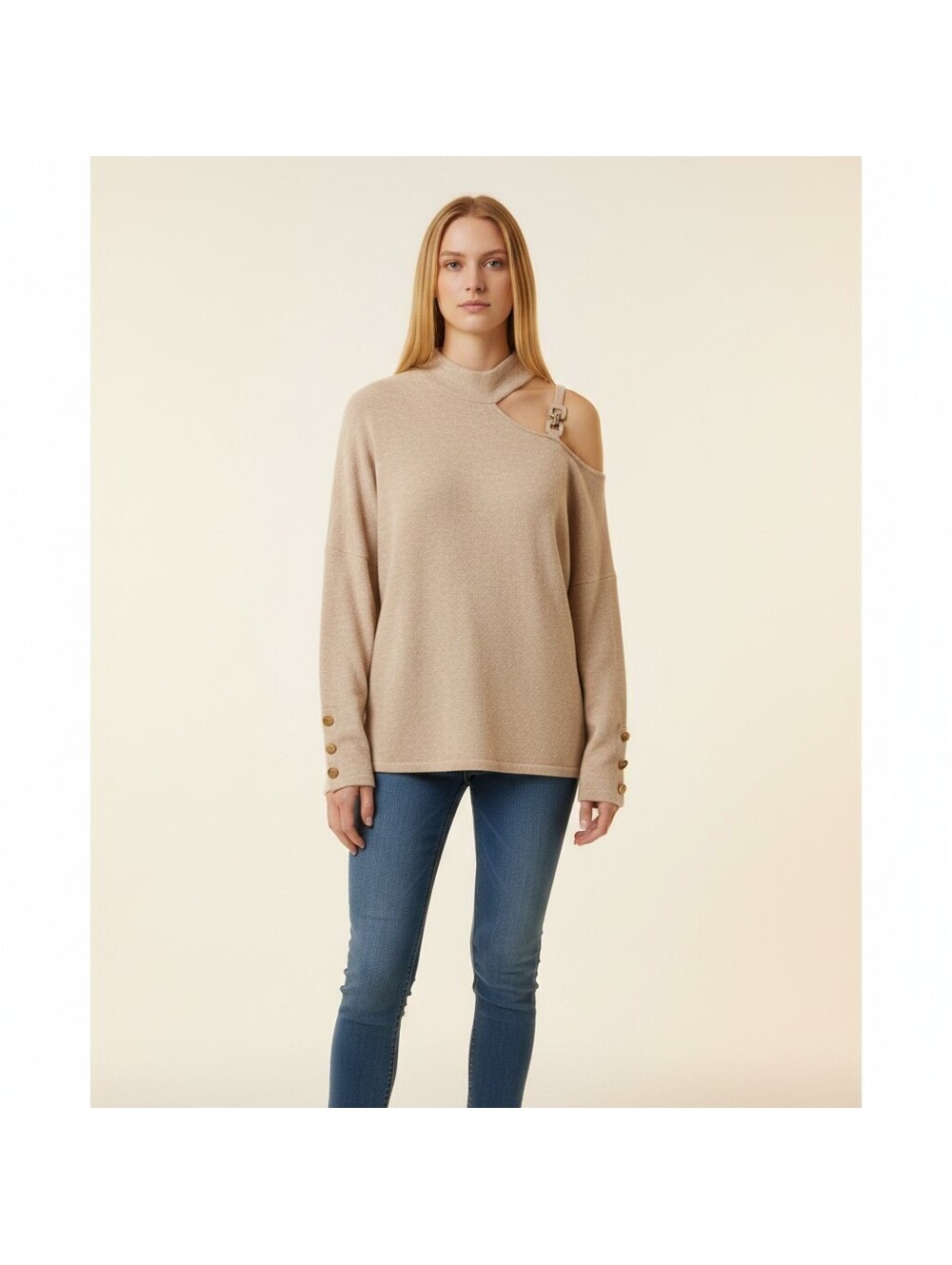 ChicMe Sweater Pullover Women M Medium Beige Knit Cotton Long Sleeve Soft Cozy